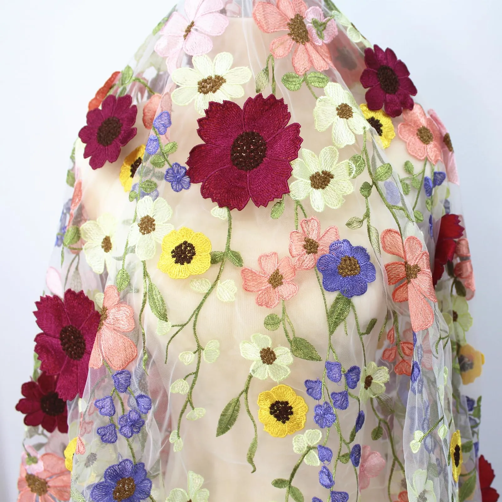 1 Yard 3D Flowers Heavy Embroidery Lace Floral Fabric for Sewing Dresses Jacket Jeans