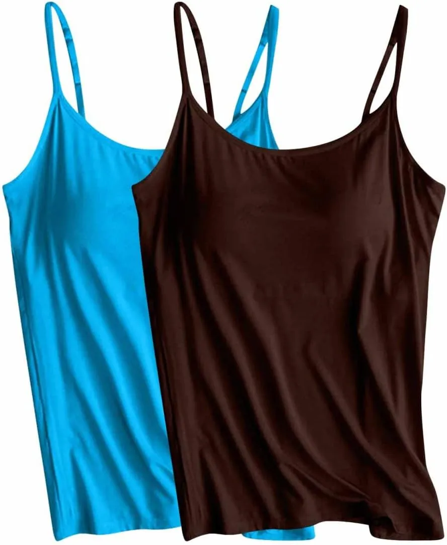 2 Pack Womens Cami Tank Tops with Built in Bra Spaghetti Strap Padded Camisoles Summer Casual Shelf Bras Undershirts