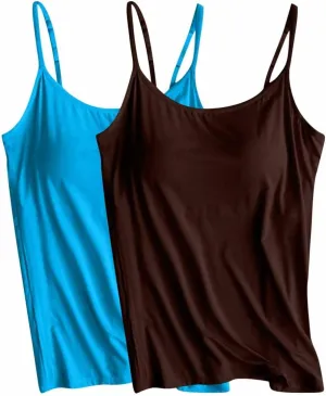 2 Pack Womens Cami Tank Tops with Built in Bra Spaghetti Strap Padded Camisoles Summer Casual Shelf Bras Undershirts