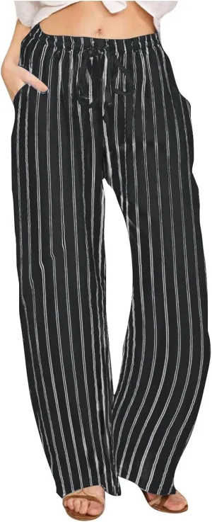 2025 Women Striped Wide Leg Pant Casual Drawstring Waist Pant Baggy Contrast Lounge Sleepwear Straight Leg Trouser