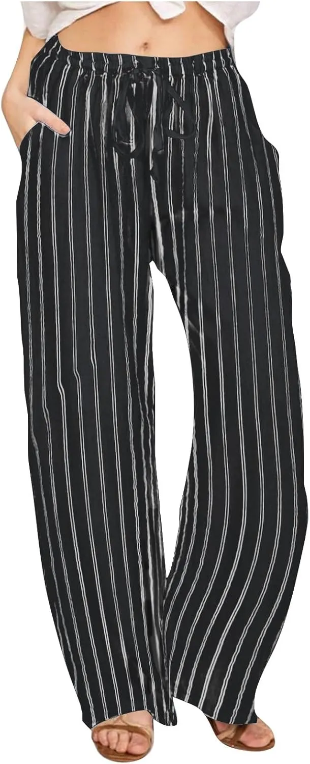 2025 Women Striped Wide Leg Pant Casual Drawstring Waist Pant Baggy Contrast Lounge Sleepwear Straight Leg Trouser