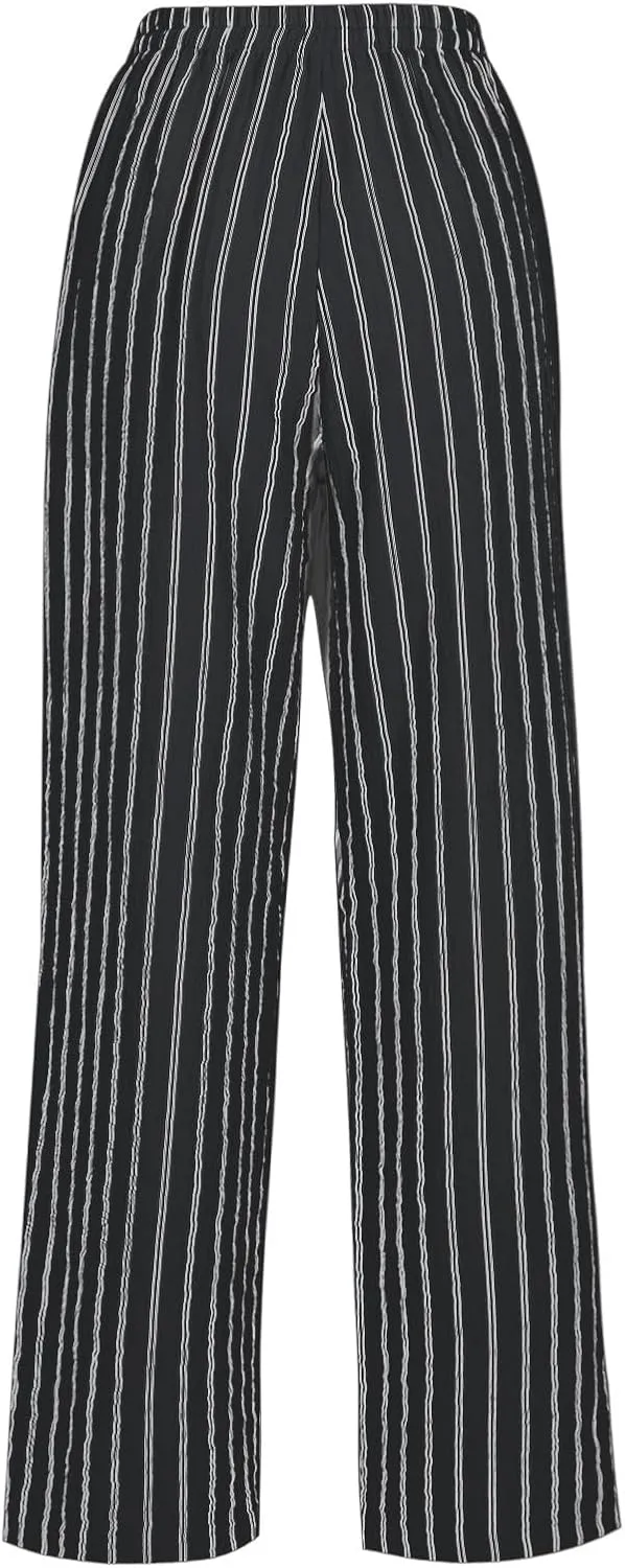 2025 Women Striped Wide Leg Pant Casual Drawstring Waist Pant Baggy Contrast Lounge Sleepwear Straight Leg Trouser