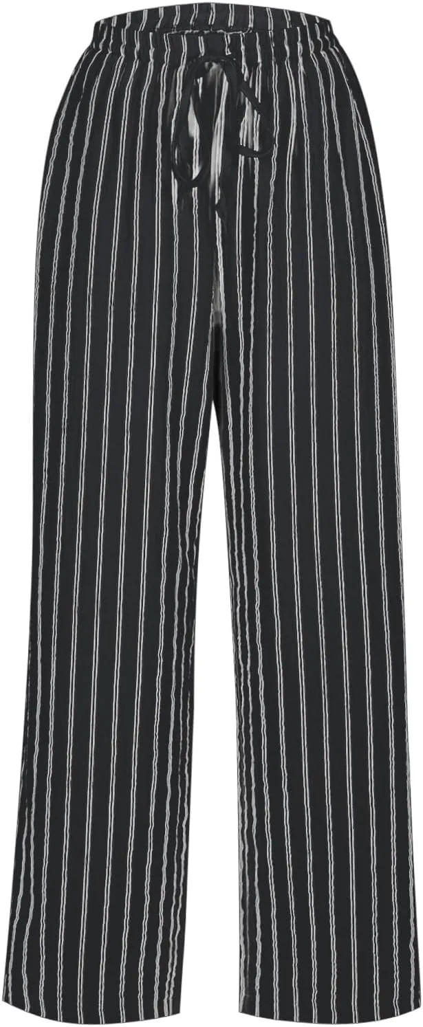 2025 Women Striped Wide Leg Pant Casual Drawstring Waist Pant Baggy Contrast Lounge Sleepwear Straight Leg Trouser