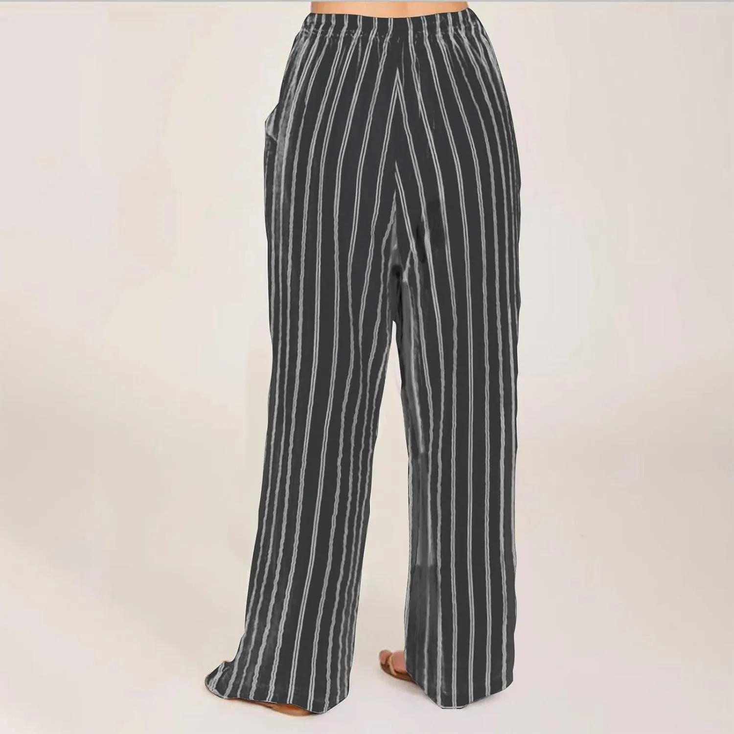 2025 Women Striped Wide Leg Pant Casual Drawstring Waist Pant Baggy Contrast Lounge Sleepwear Straight Leg Trouser