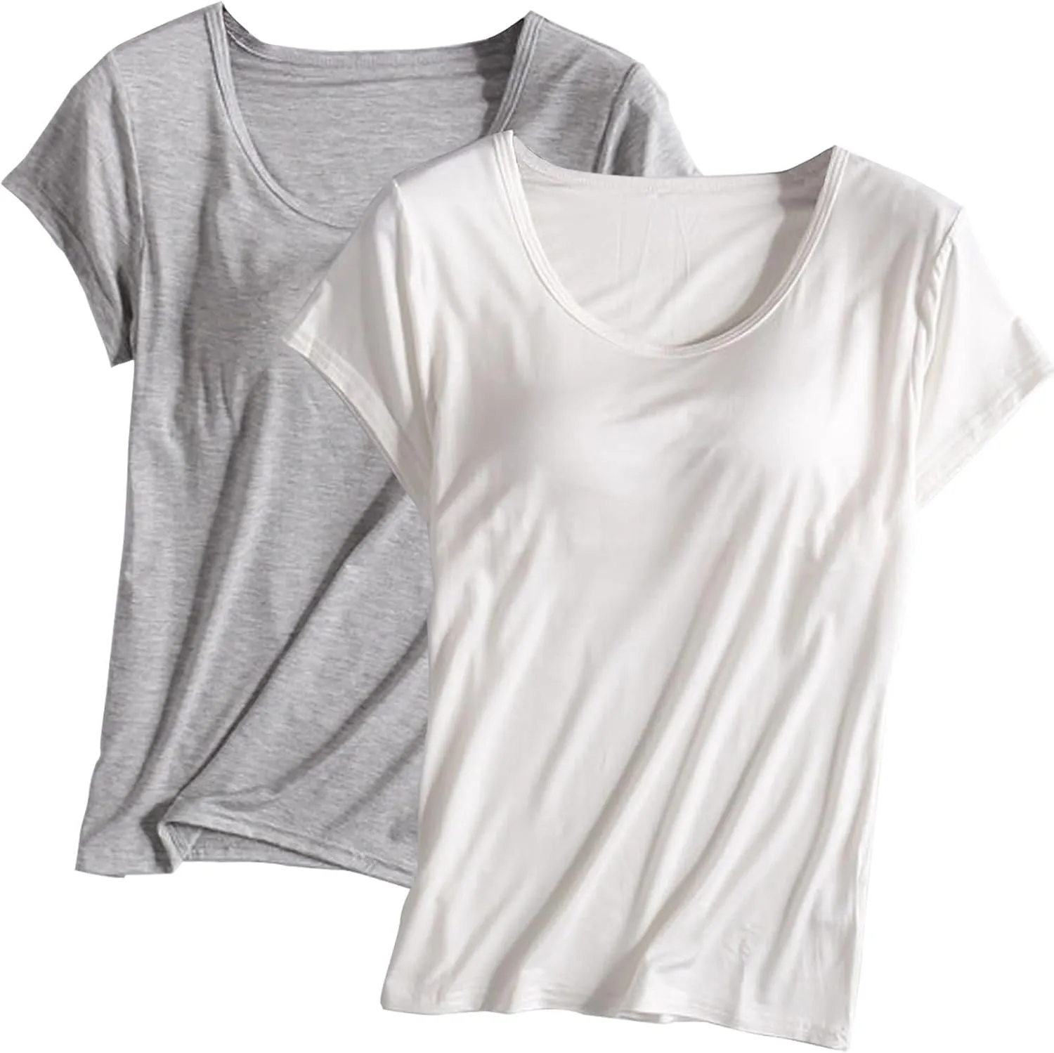 2PCS T-Shirt with Built-in Bra Women Workout Yoga Tops Short Sleeve Padded Bras Soft Pajama Plus Size Athletic Shirts