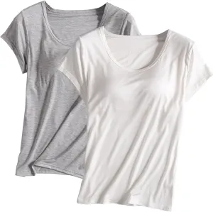 2PCS T-Shirt with Built-in Bra Women Workout Yoga Tops Short Sleeve Padded Bras Soft Pajama Plus Size Athletic Shirts