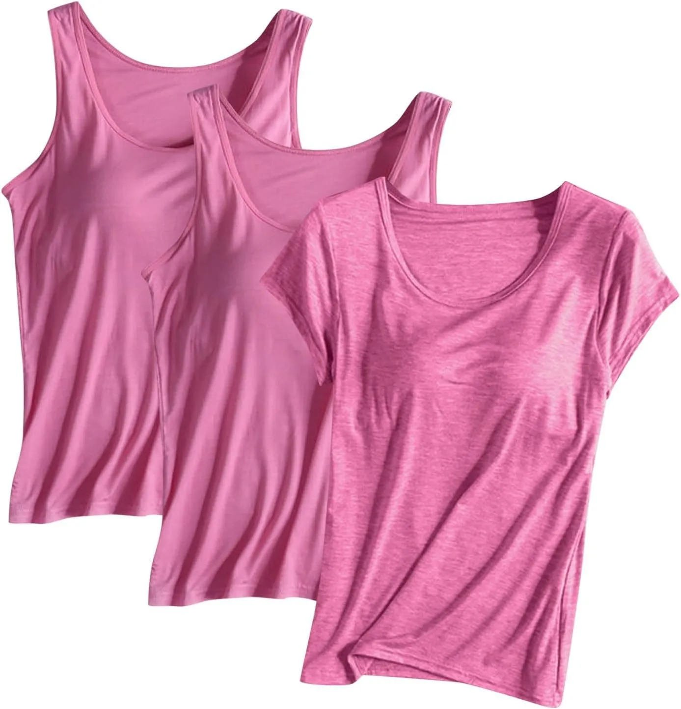 3PC T-Shirt with Built-in Bra Women Workout Tank Tops Sleeveless Padded Bras Soft Pajama Top Plus Size Modal Shirt