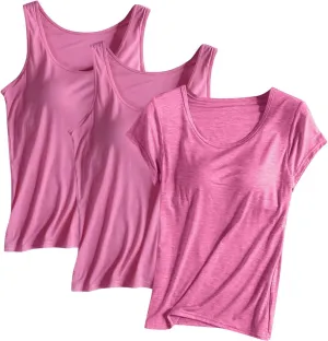 3PC T-Shirt with Built-in Bra Women Workout Tank Tops Sleeveless Padded Bras Soft Pajama Top Plus Size Modal Shirt