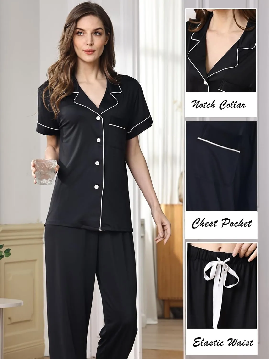 3Pcs Soft Pajama Sets For Women XS-XXL Womens Pajamas Set Sleepwear Button Down Short Sleeve Long Pants Pj sets