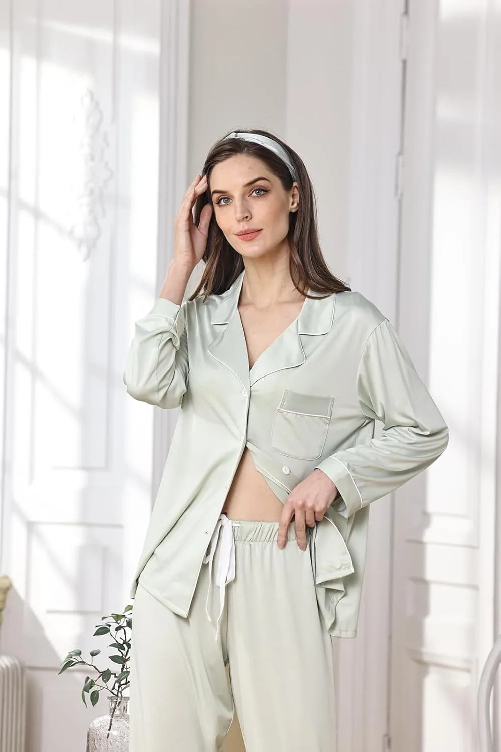 3Pcs Soft Pajama Sets For Women XS-XXL Womens Pajamas Set Sleepwear Button Down Short Sleeve Long Pants Pj sets