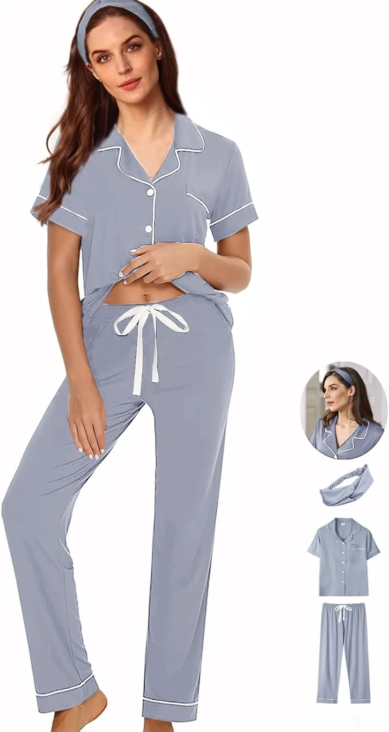 3Pcs Soft Pajama Sets For Women XS-XXL Womens Pajamas Set Sleepwear Button Down Short Sleeve Long Pants Pj sets