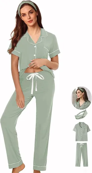 3Pcs Soft Pajama Sets For Women XS-XXL Womens Pajamas Set Sleepwear Button Down Short Sleeve Long Pants Pj sets
