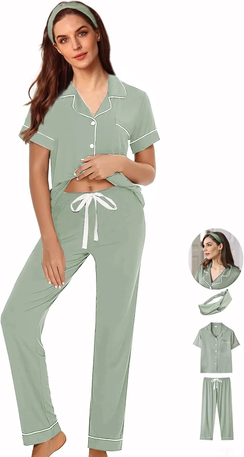 3Pcs Soft Pajama Sets For Women XS-XXL Womens Pajamas Set Sleepwear Button Down Short Sleeve Long Pants Pj sets