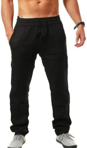 Akklian Linen Pants for Men Summer Casual Elastic Waist Drawstring Beach Pants Lightweight Breathable Straight-Legs Trousers
