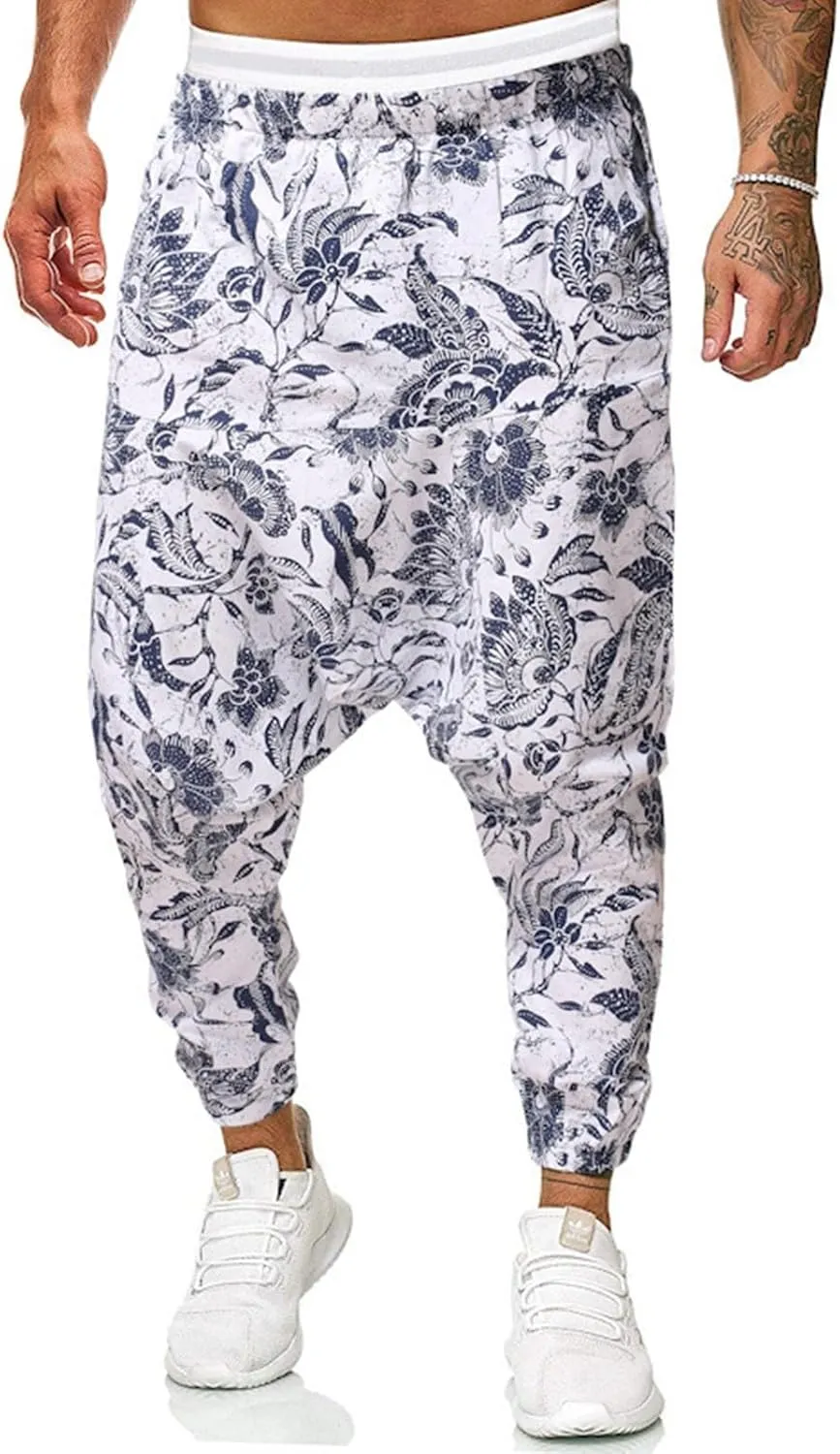 Alalaso Men Women Cotton Baggy Hippie Yoga Harem Pants Funky Printed Plus Size Trousers with Pockets