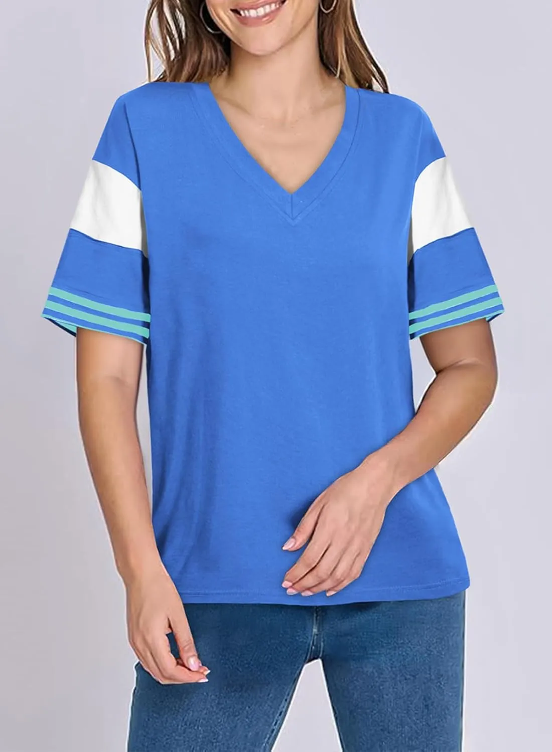 AlvaQ Womens Summer Colorblock Striped T Shirts Short Sleeve V Neck Casual Loose Pullover Tunic Tops