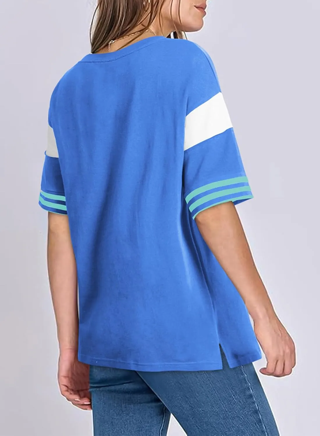 AlvaQ Womens Summer Colorblock Striped T Shirts Short Sleeve V Neck Casual Loose Pullover Tunic Tops