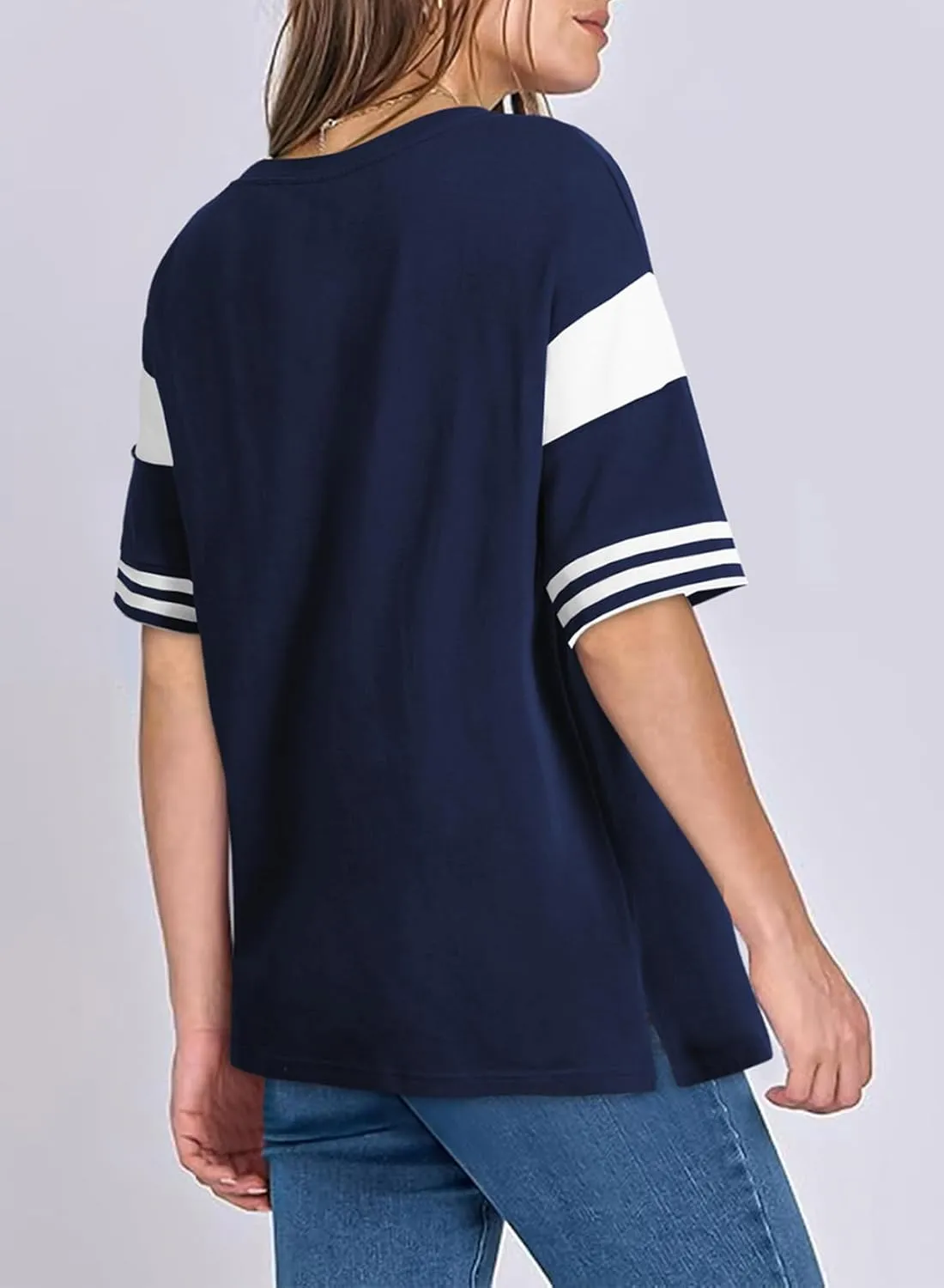 AlvaQ Womens Summer Colorblock Striped T Shirts Short Sleeve V Neck Casual Loose Pullover Tunic Tops