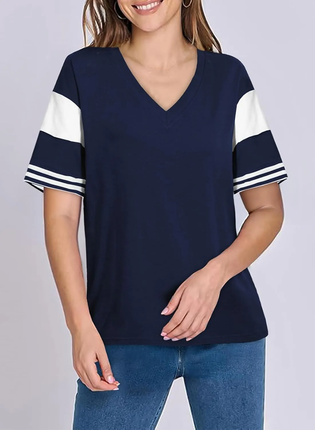 AlvaQ Womens Summer Colorblock Striped T Shirts Short Sleeve V Neck Casual Loose Pullover Tunic Tops