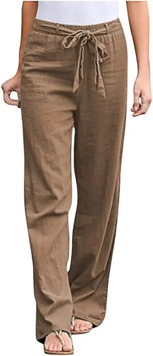 Aniwyn Women's Wide Leg Comfy Pants Casual Loose Cotton Linen High Waisted Cozy Loungewear Yoga Pants with Pockets