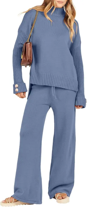 ANRABESS Women's 2 Piece Outfit Sweater Lounge Sets Long Sleeve Knit Pullover Wide Leg Pant Tracksuit Loungewear 2024 Fashion