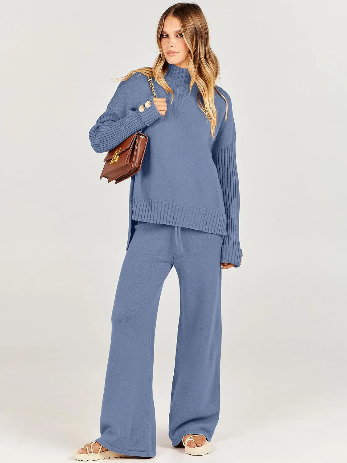 ANRABESS Women's 2 Piece Outfit Sweater Lounge Sets Long Sleeve Knit Pullover Wide Leg Pant Tracksuit Loungewear 2024 Fashion