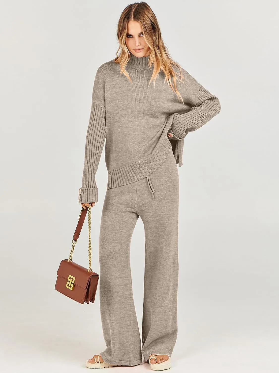 ANRABESS Women's 2 Piece Outfit Sweater Lounge Sets Long Sleeve Knit Pullover Wide Leg Pant Tracksuit Loungewear 2024 Fashion