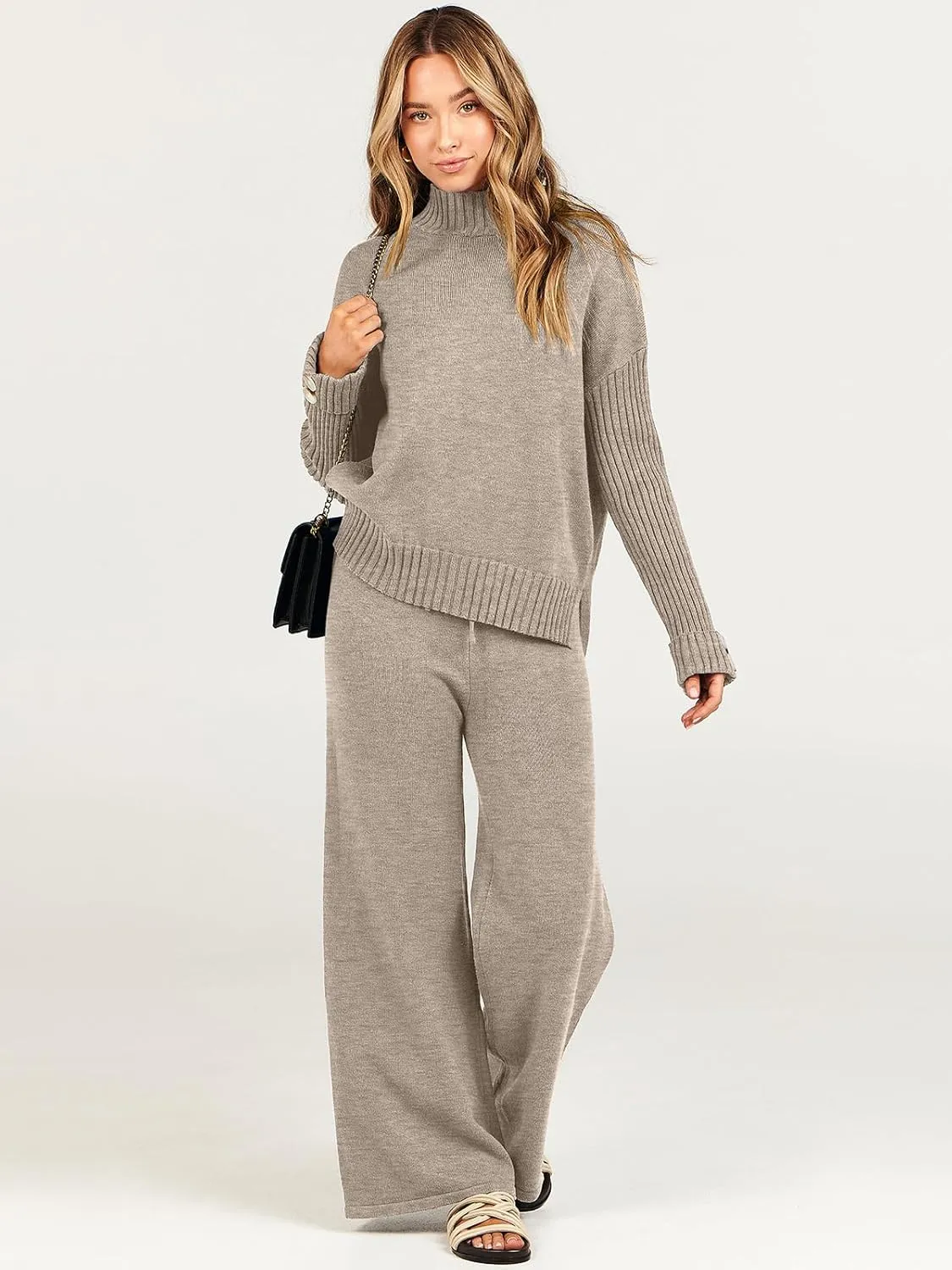 ANRABESS Women's 2 Piece Outfit Sweater Lounge Sets Long Sleeve Knit Pullover Wide Leg Pant Tracksuit Loungewear 2024 Fashion