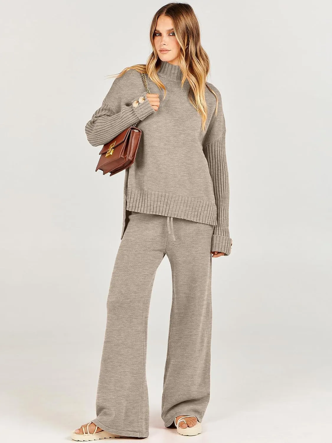 ANRABESS Women's 2 Piece Outfit Sweater Lounge Sets Long Sleeve Knit Pullover Wide Leg Pant Tracksuit Loungewear 2024 Fashion