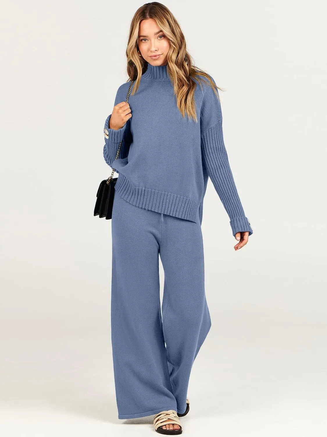 ANRABESS Women's 2 Piece Outfit Sweater Lounge Sets Long Sleeve Knit Pullover Wide Leg Pant Tracksuit Loungewear 2024 Fashion