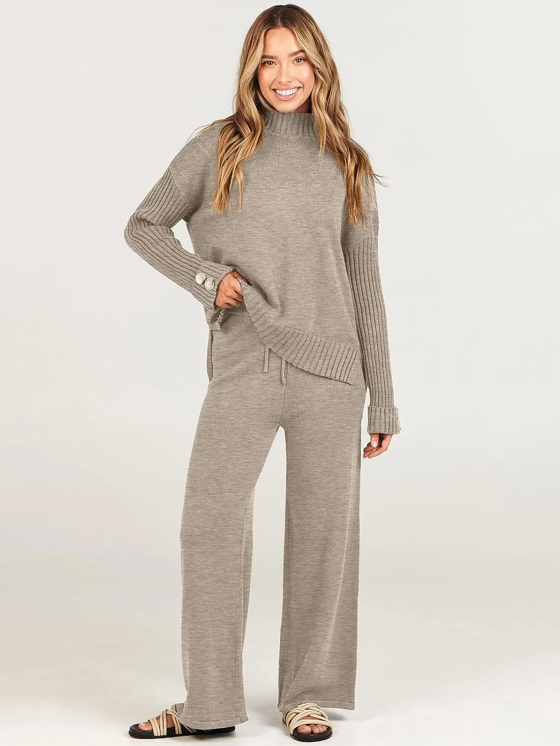 ANRABESS Women's 2 Piece Outfit Sweater Lounge Sets Long Sleeve Knit Pullover Wide Leg Pant Tracksuit Loungewear 2024 Fashion