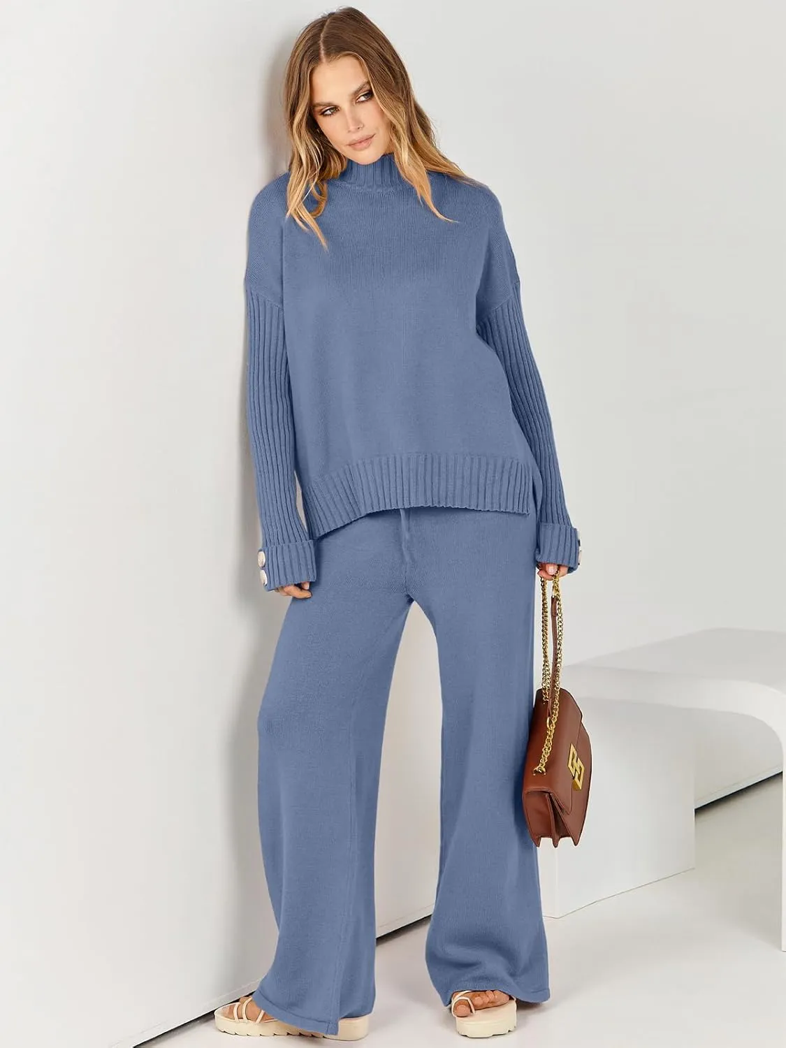 ANRABESS Women's 2 Piece Outfit Sweater Lounge Sets Long Sleeve Knit Pullover Wide Leg Pant Tracksuit Loungewear 2024 Fashion