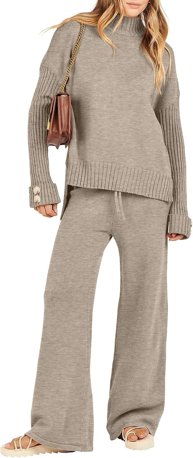 ANRABESS Women's 2 Piece Outfit Sweater Lounge Sets Long Sleeve Knit Pullover Wide Leg Pant Tracksuit Loungewear 2024 Fashion
