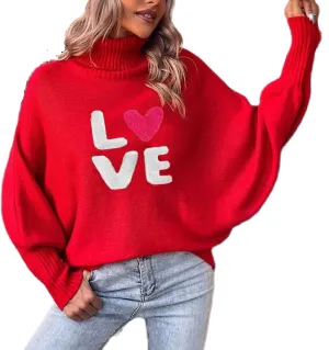 Argeousgor Women Merry Christmas Sweaters Long Sleeve Letter Print Loose Turtleneck Knitted Merry Sweater Pullover