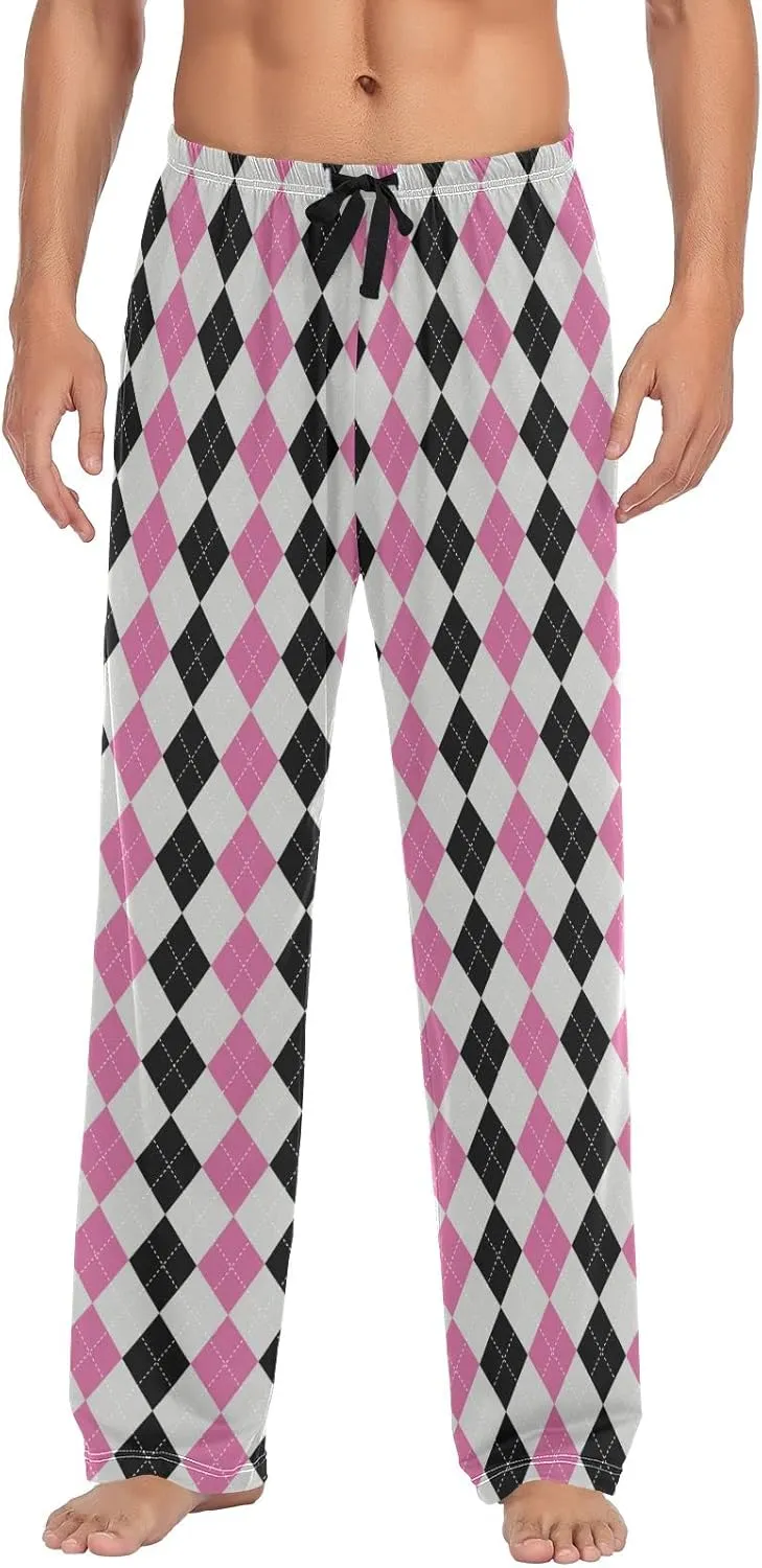 Argyle Plaid Mens Pajama Pants Black Pink Funny Pajama Bottoms for Men Lounge Pants S