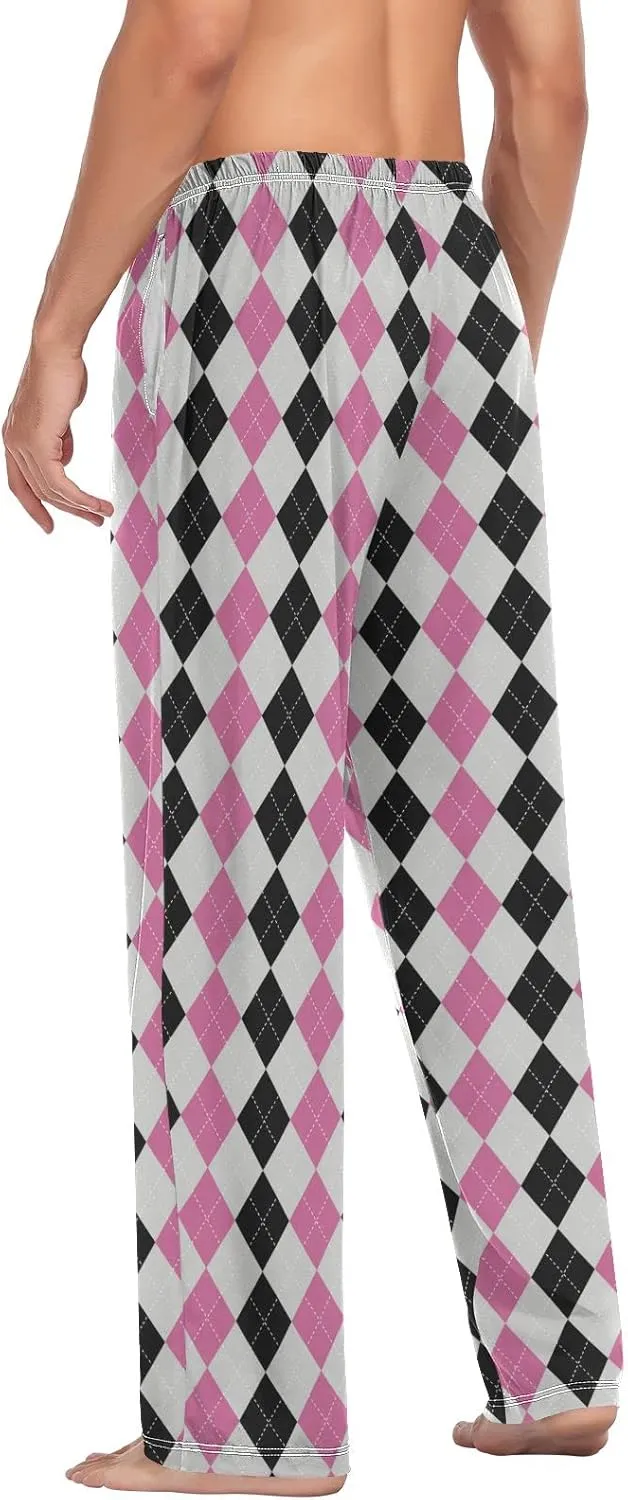 Argyle Plaid Mens Pajama Pants Black Pink Funny Pajama Bottoms for Men Lounge Pants S