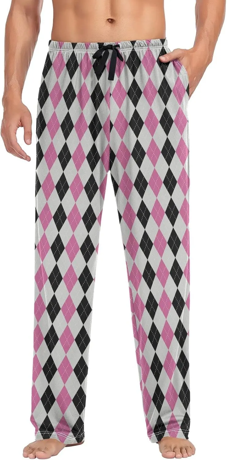 Argyle Plaid Mens Pajama Pants Black Pink Funny Pajama Bottoms for Men Lounge Pants S