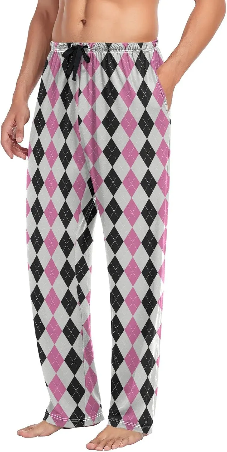Argyle Plaid Mens Pajama Pants Black Pink Funny Pajama Bottoms for Men Lounge Pants S