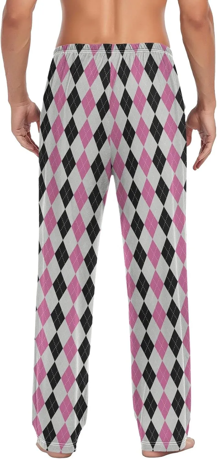 Argyle Plaid Mens Pajama Pants Black Pink Funny Pajama Bottoms for Men Lounge Pants S