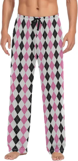 Argyle Plaid Mens Pajama Pants Black Pink Funny Pajama Bottoms for Men Lounge Pants S