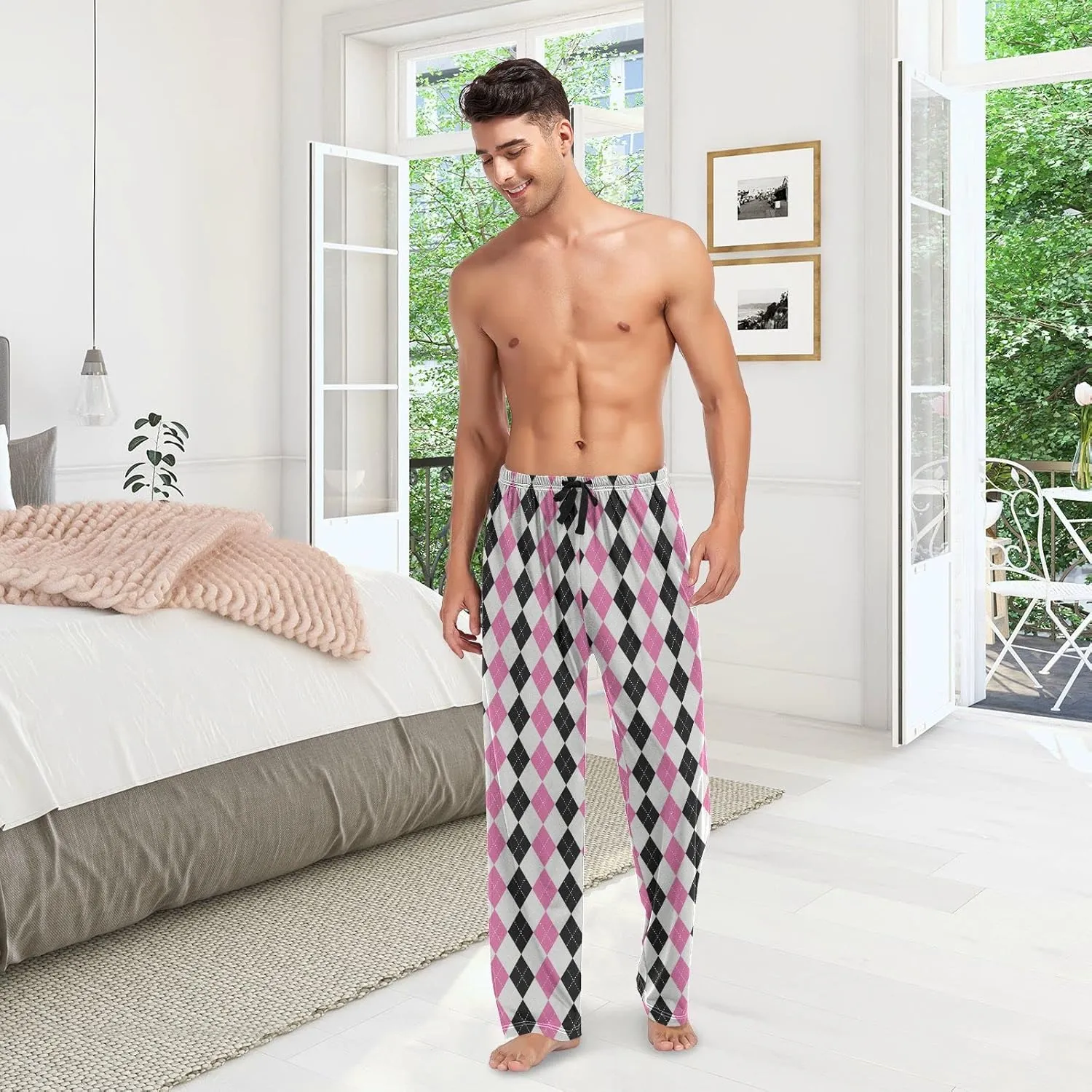 Argyle Plaid Mens Pajama Pants Black Pink Funny Pajama Bottoms for Men Lounge Pants S