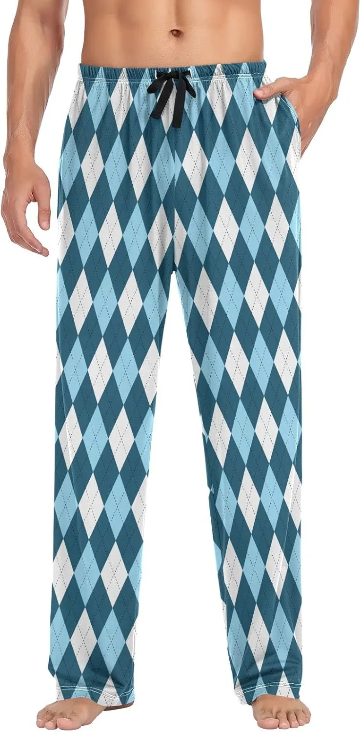 Argyle Plaid Mens Pajama Pants Blue White Funny Pajama Bottoms for Men Lounge Pants S