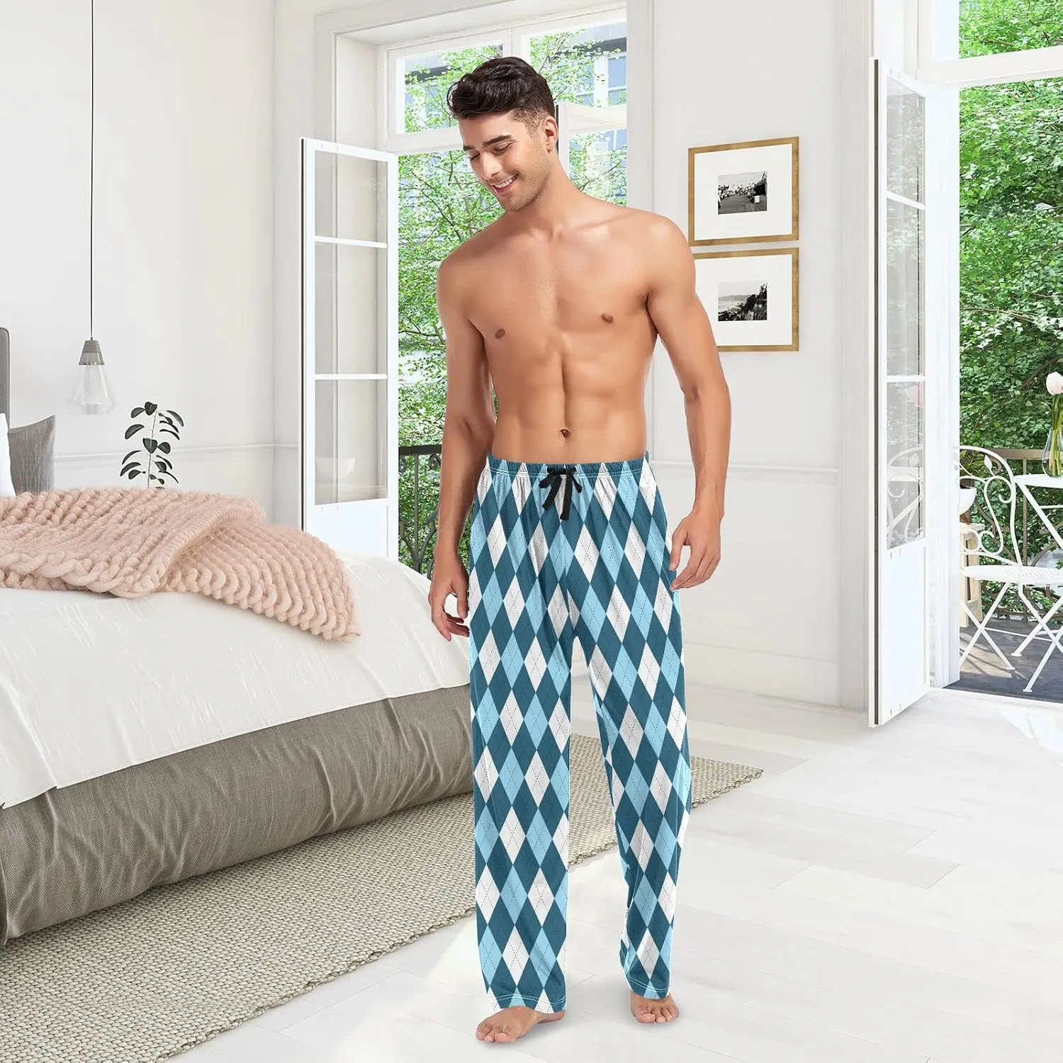 Argyle Plaid Mens Pajama Pants Blue White Funny Pajama Bottoms for Men Lounge Pants S