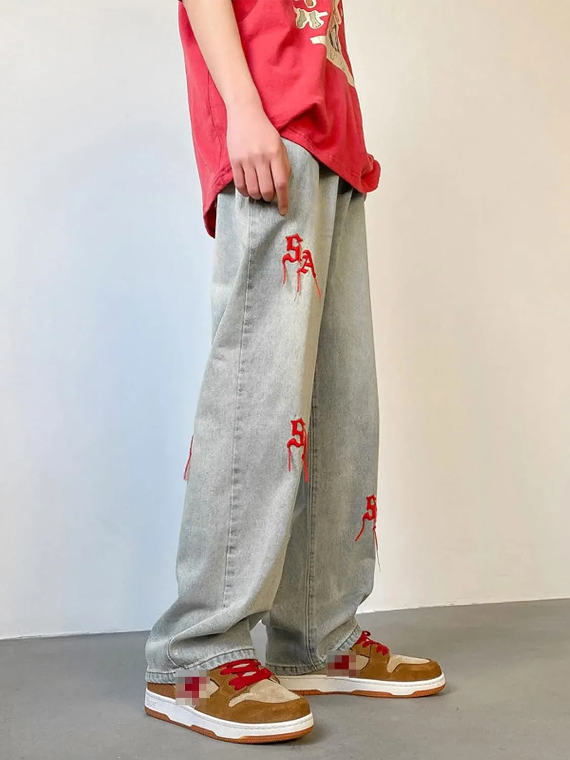 Astellarie Mens Streetwear Gothic Loose Fit Hip Hop Baggy Straight Leg Jeans Pants Denim Trousers with Pockets