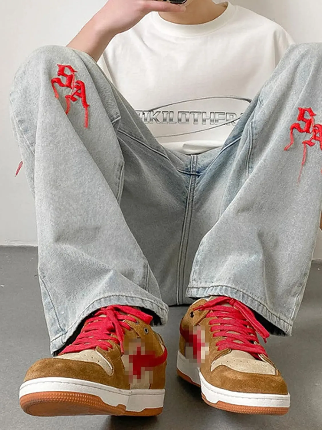 Astellarie Mens Streetwear Gothic Loose Fit Hip Hop Baggy Straight Leg Jeans Pants Denim Trousers with Pockets
