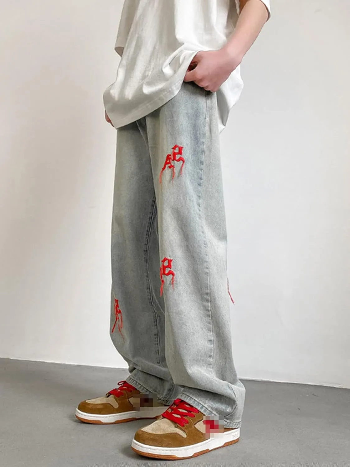Astellarie Mens Streetwear Gothic Loose Fit Hip Hop Baggy Straight Leg Jeans Pants Denim Trousers with Pockets