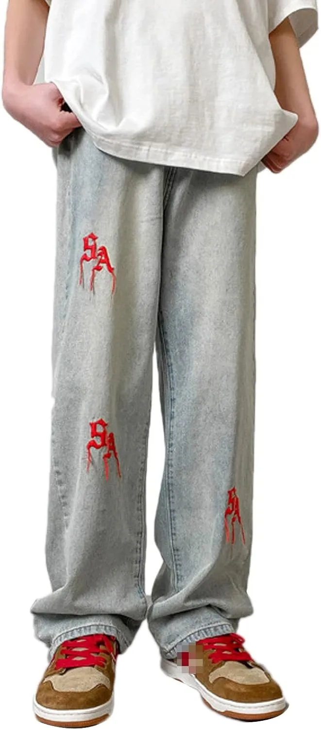 Astellarie Mens Streetwear Gothic Loose Fit Hip Hop Baggy Straight Leg Jeans Pants Denim Trousers with Pockets