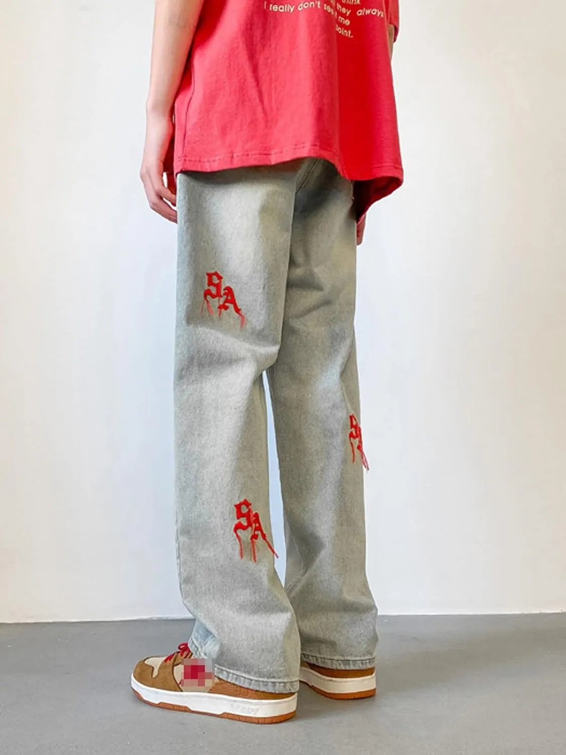 Astellarie Mens Streetwear Gothic Loose Fit Hip Hop Baggy Straight Leg Jeans Pants Denim Trousers with Pockets