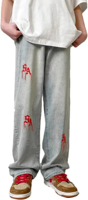 Astellarie Mens Streetwear Gothic Loose Fit Hip Hop Baggy Straight Leg Jeans Pants Denim Trousers with Pockets