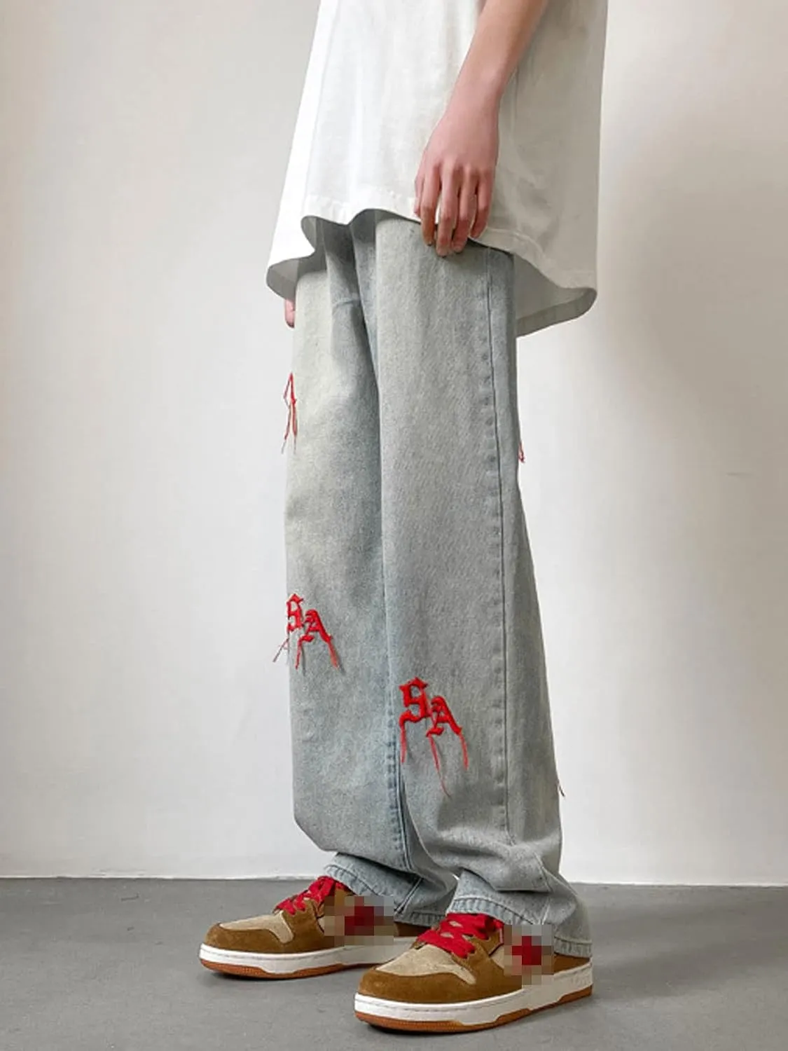 Astellarie Mens Streetwear Gothic Loose Fit Hip Hop Baggy Straight Leg Jeans Pants Denim Trousers with Pockets